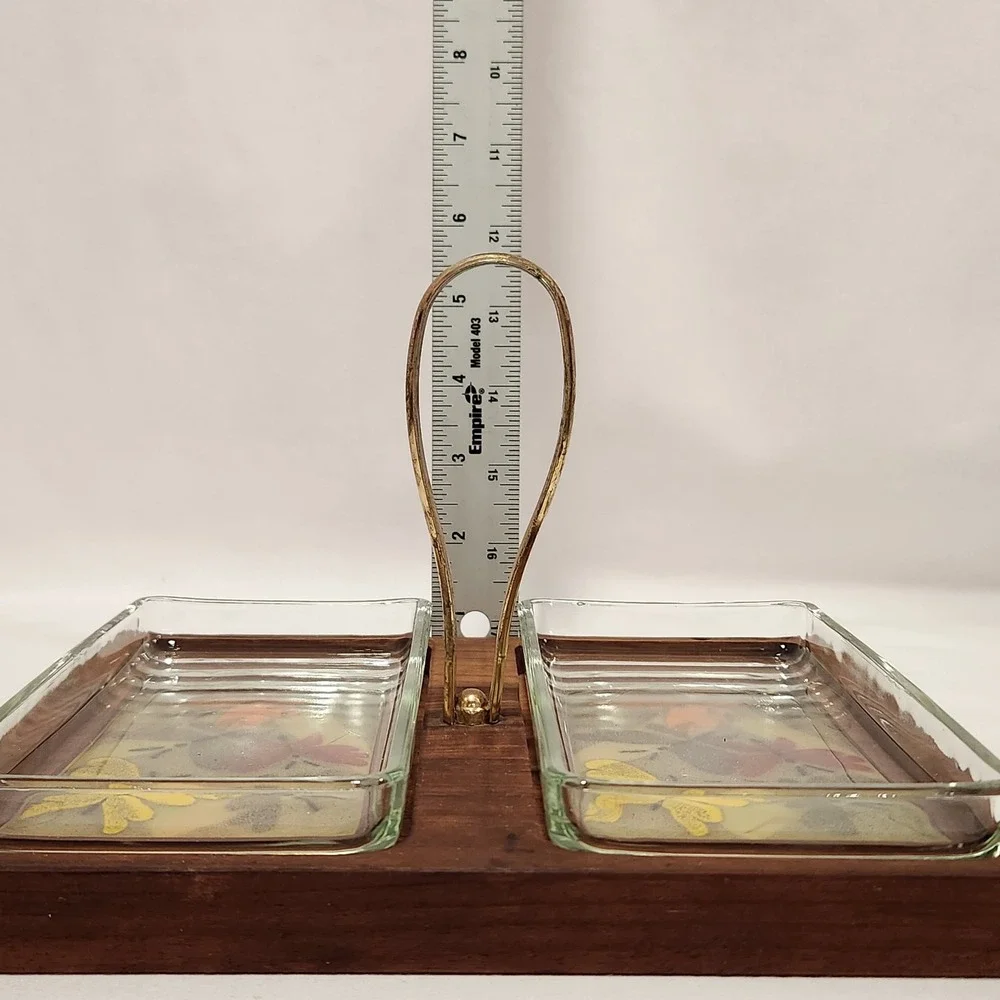 Ernest Sohn Vintage MCM Doubke Relish Serving Tray Butterflies Wood Glass‎